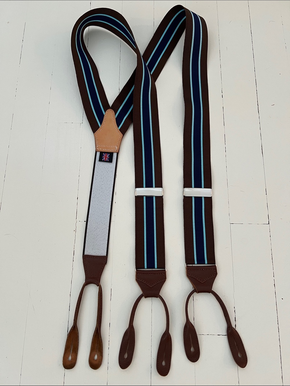 Albert Thurston Brown/Blue Striped Brown Leather Trim Suspenders
